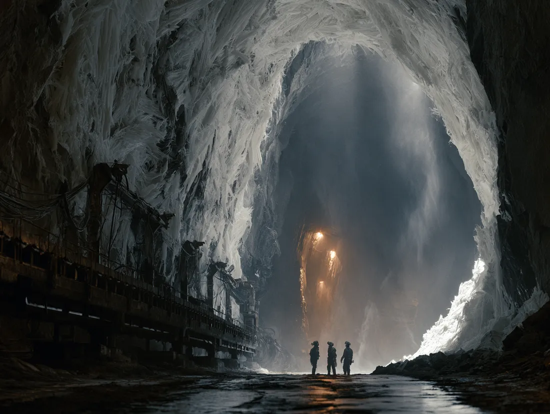 La galleria del fronte 11, pareti di karrite fibrosa bianca e nastro trasportatore sul fianco; tre minatori con il respiratore fermi in fondo al tratto, nella polvere sospesa